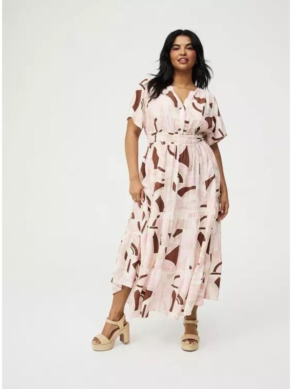 TORRID Y-NECK tiered maxi dress Short Flutter Sleeves Size 1X Pink Tan